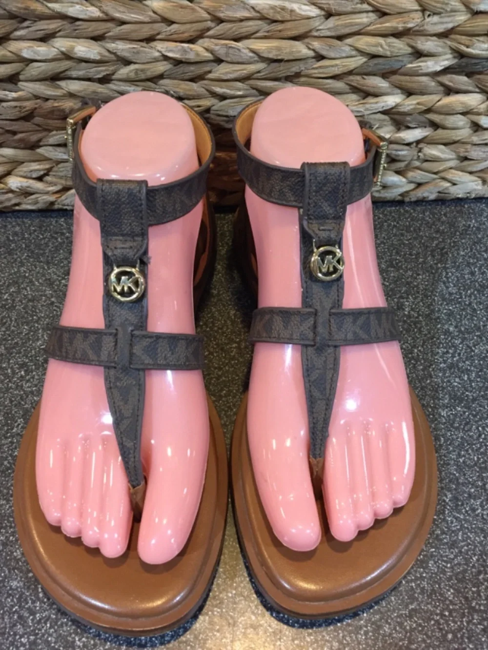 MICHAEL Michael Kors Brown Monogram T-Strap Brown Sandals